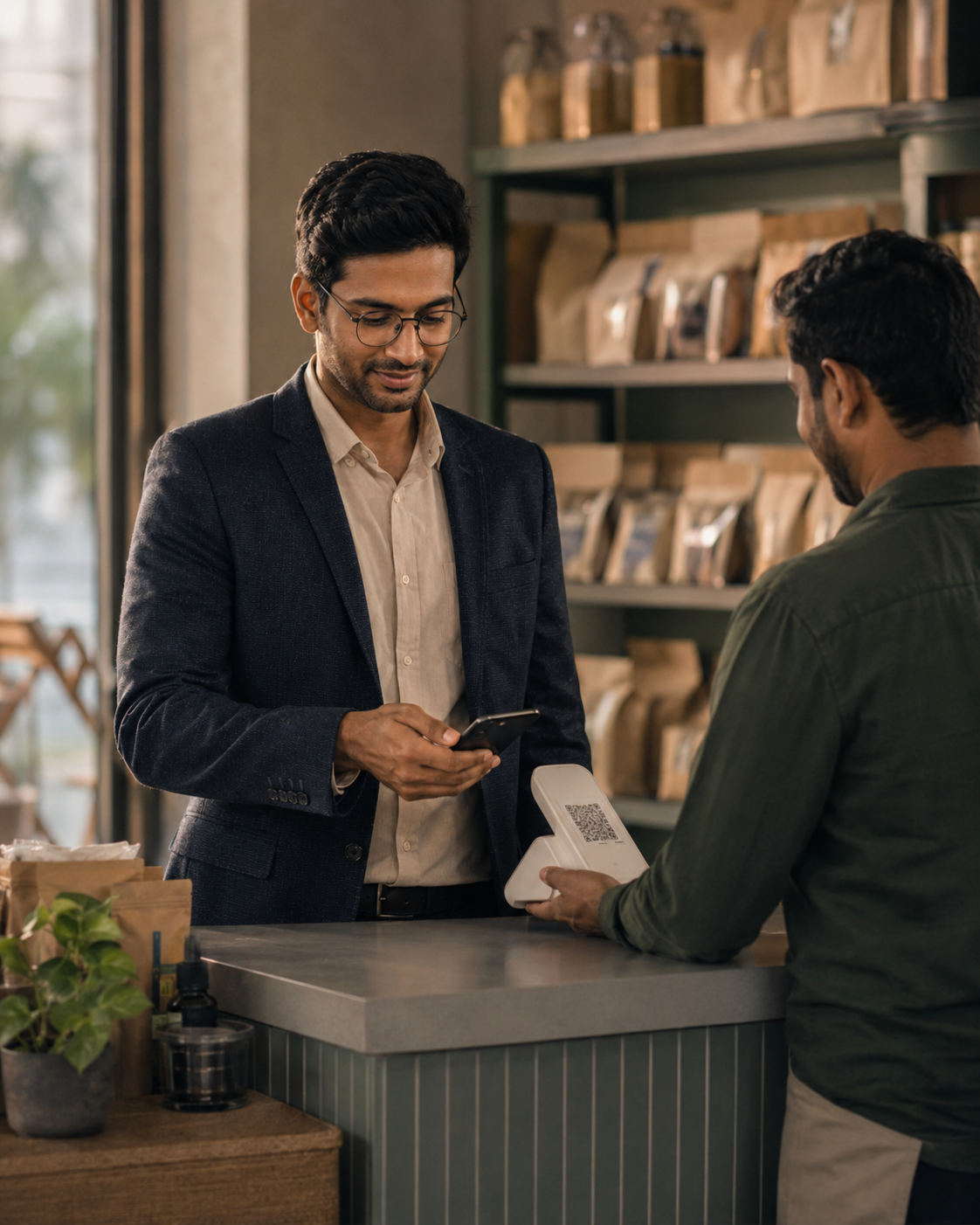 Indian financial advisor speaking with a local business owner