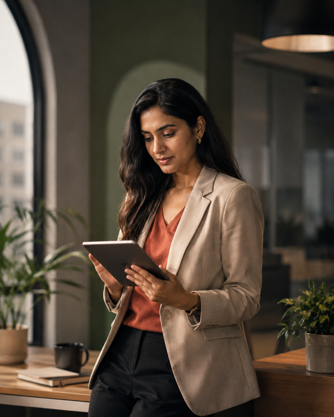 Indian woman entrepreneur reviewing business information on a tablet