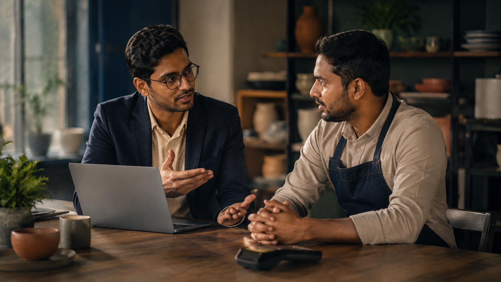 Indian financial advisor discussing a business plan with a shop owner