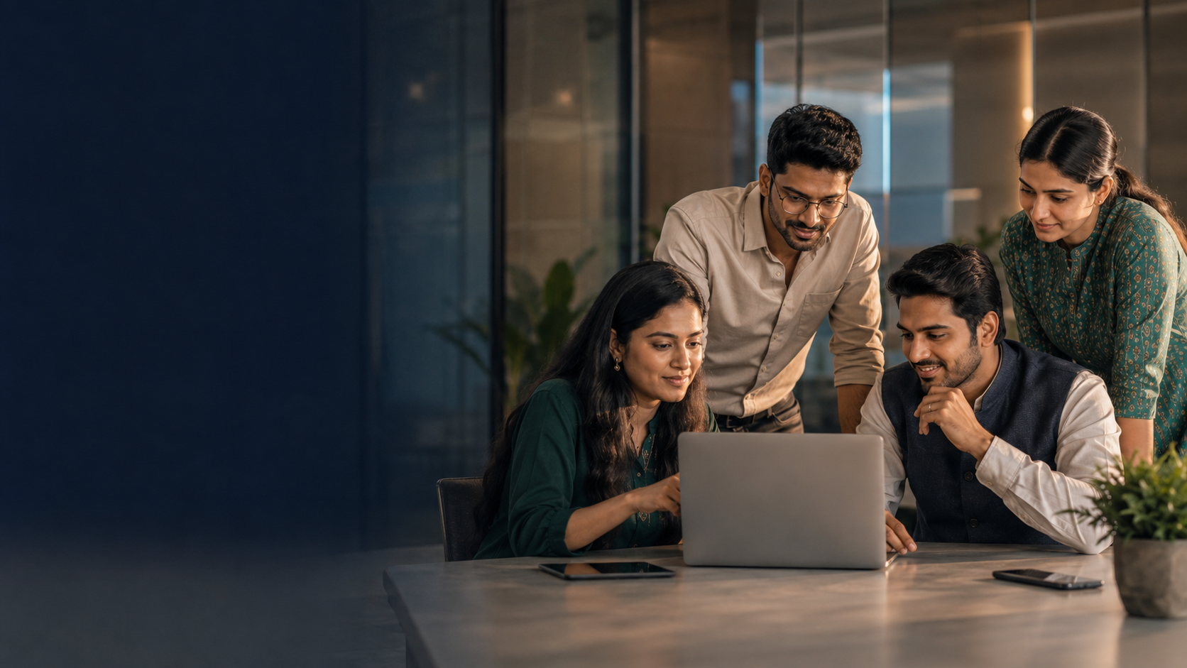 Indian fintech team collaborating in a modern office